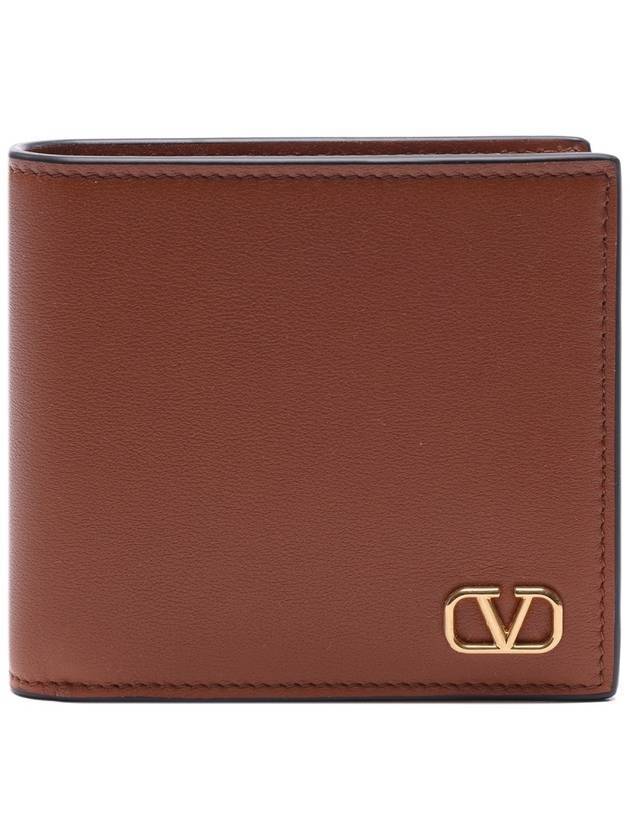 V Logo Signature Calfskin Half Wallet Brown - VALENTINO - BALAAN 1