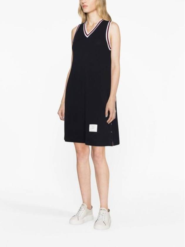 Women's Classic Pique Stripe V-Neck Cotton Tennis Dress Navy - THOM BROWNE - BALAAN 5