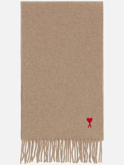 Small Heart Logo Classic Wool Fringe Scarf Beige - AMI - BALAAN 2