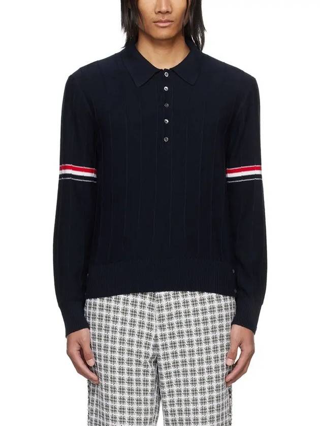 Striped Virgin Wool Long Sleeve Polo Shirt Navy - THOM BROWNE - BALAAN 3