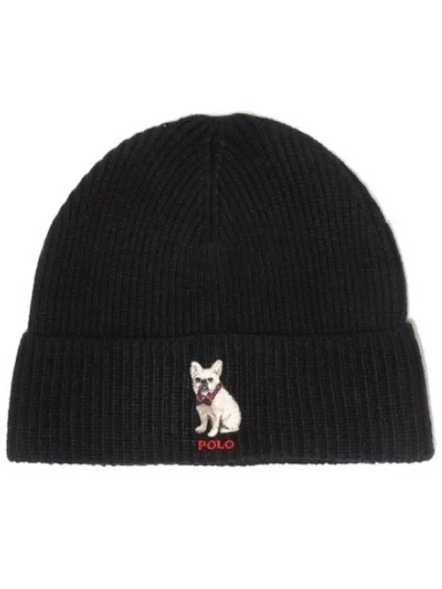 Embroidered French Bulldog Wool Beanie Black - POLO RALPH LAUREN - BALAAN 2