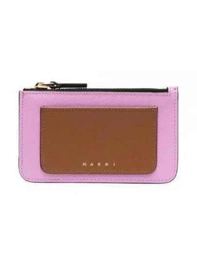 Saffiano Two-Tone Zipper Card Wallet Pink Brown - MARNI - BALAAN 2