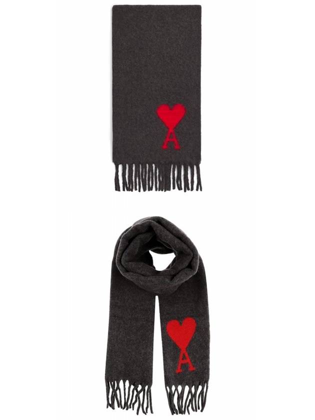 Heart Logo Oversized Wool Fringe Scarf Dark Grey - AMI - BALAAN 5