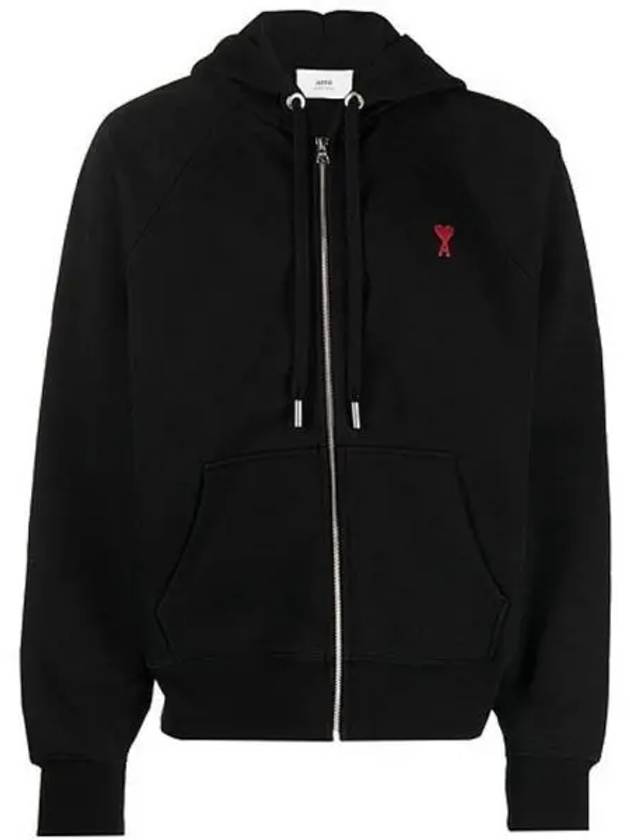 Small Heart Logo Cotton Zip Up Hoodie Black - AMI - BALAAN 2