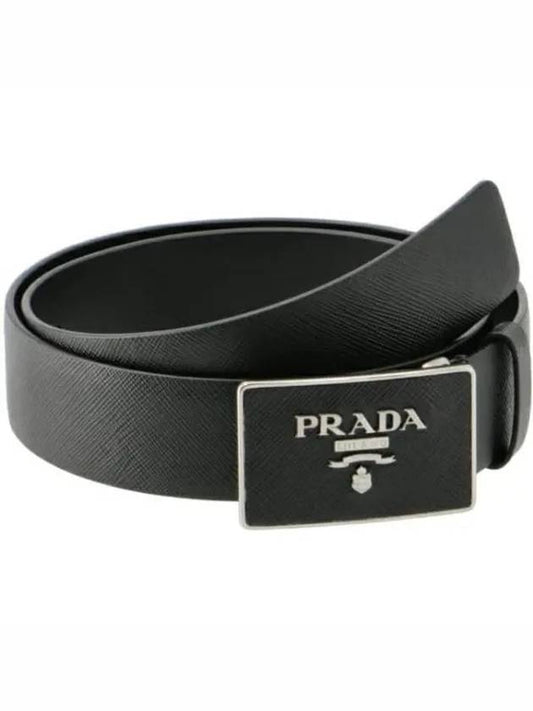 Metal Buckle Saffiano Leather Belt Black - PRADA - BALAAN 2