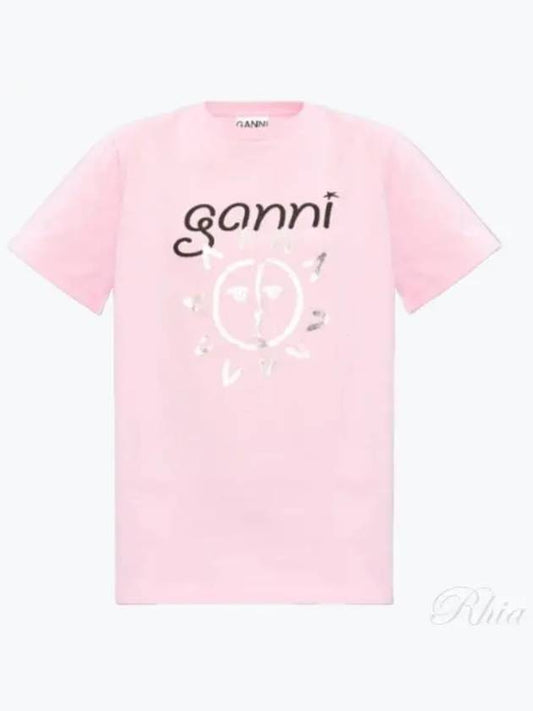 Logo Print Organic Cotton Short Sleeve T-Shirt Pink - GANNI - BALAAN 2