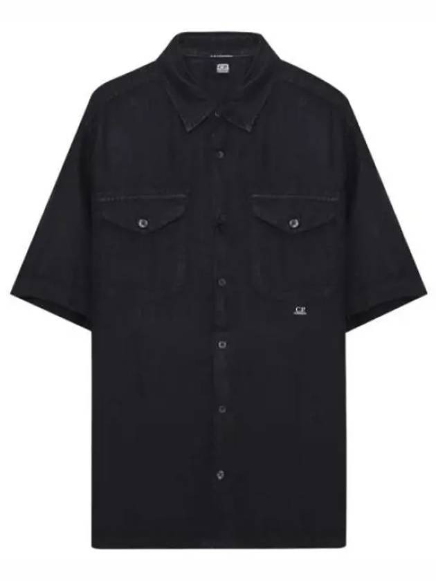 Small Logo Button Linen Short Sleeve Shirt Black - CP COMPANY - BALAAN 2