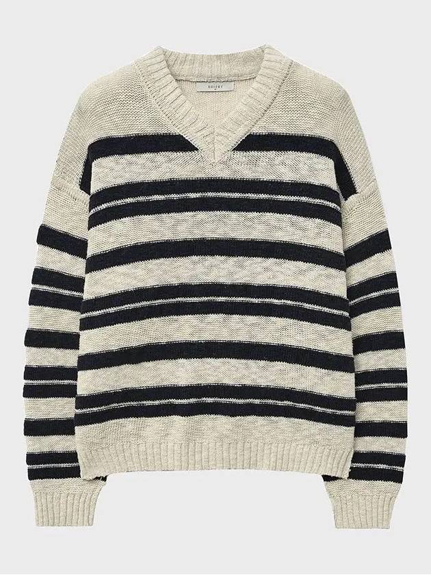 3D Textured Striped V-Neck Knit Top Navy - NOIRER - BALAAN 3