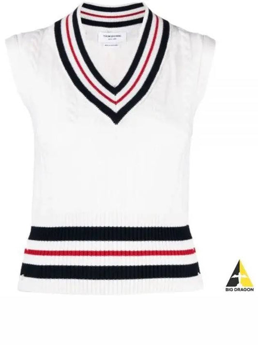 RWB Cable V Neck Cashmere Vest White - THOM BROWNE - BALAAN 2