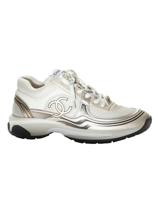 Women CC Logo Fabric Laminated Low Top Sneakers Silver Ivory - CHANEL - BALAAN 1