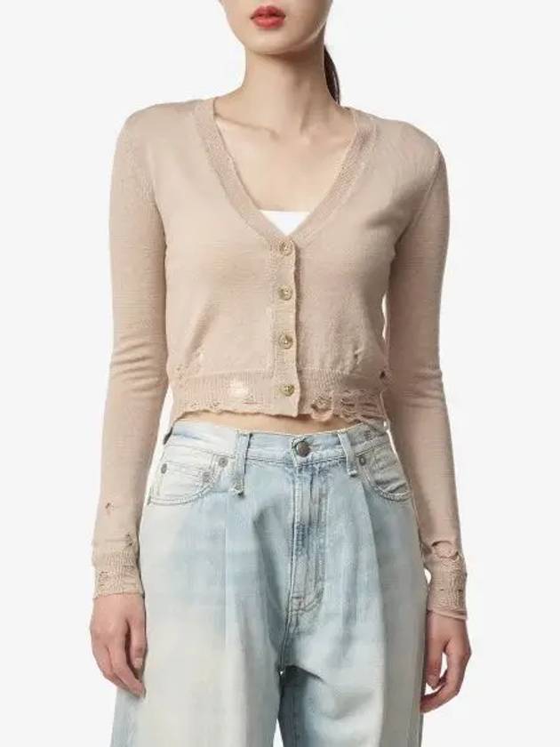 Cropped distressed baby V neck cardigan beige WY150Y095B - R13 - BALAAN 1