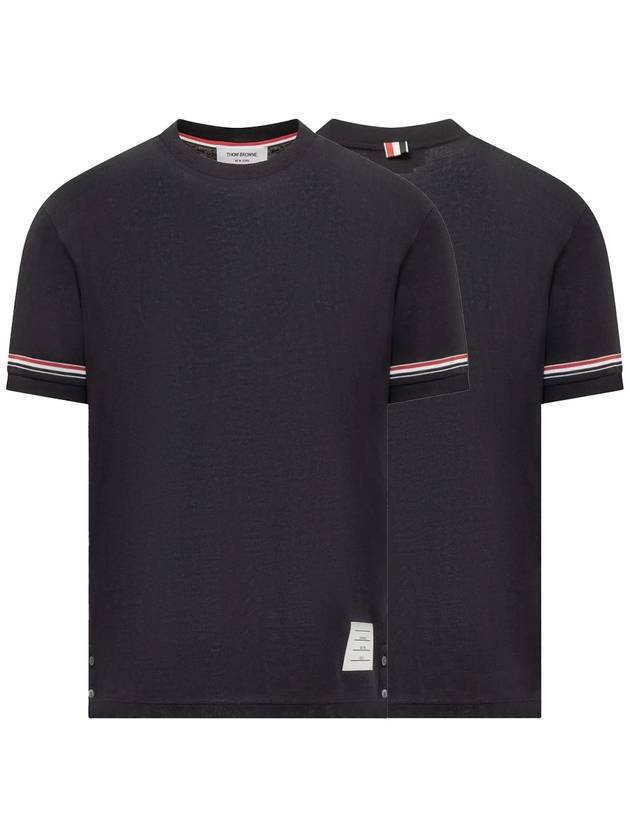 Striped Detail Crew Neck Cotton Short Sleeve T-Shirt Navy - THOM BROWNE - BALAAN 2