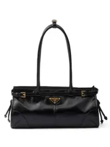 Medium Leather Tote Shoulder Bag Black - PRADA - BALAAN 1