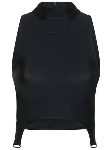 Embroidered Logo High-Neck Crop Sleeveless Black - COURREGES - BALAAN 1