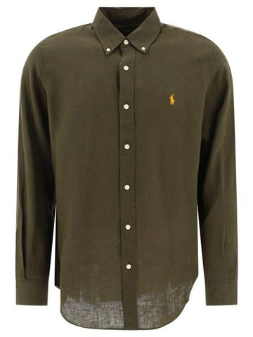 Embroidered Logo Linen Long Sleeve Shirt Green - POLO RALPH LAUREN - BALAAN 1