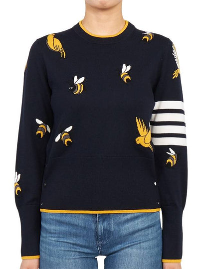 Birds Bees 4-Bar Cotton Merino Pullover Knit Top Navy - THOM BROWNE - BALAAN 2