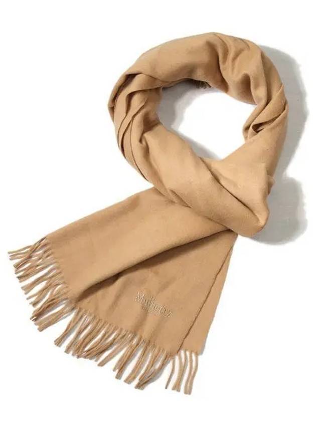 Embroidered Logo Fringed Wool Scarf Camel - MULBERRY - BALAAN 2