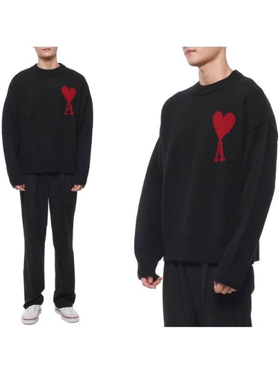 Intarsia Big Heart Logo Wool Knit Top Black - AMI - BALAAN 2