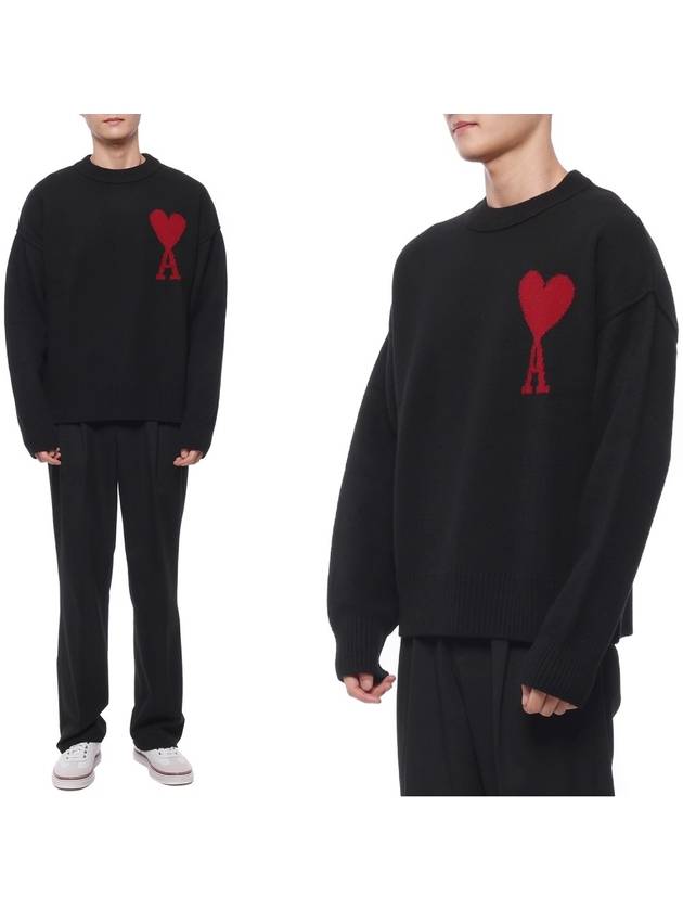 Intarsia Big Heart Logo Wool Knit Top Black - AMI - BALAAN 3