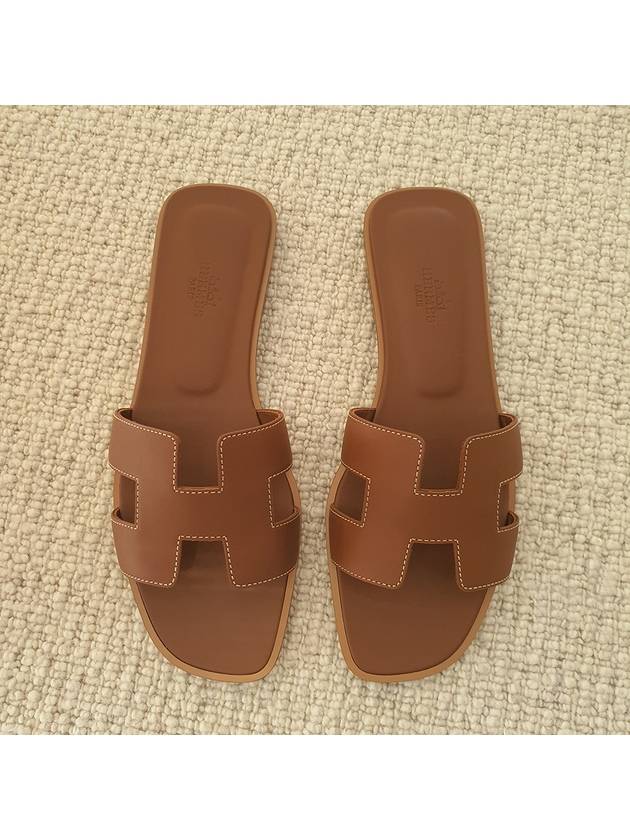 Oran Calfskin Slippers Gold Piqures Ecrues - HERMES - BALAAN 3