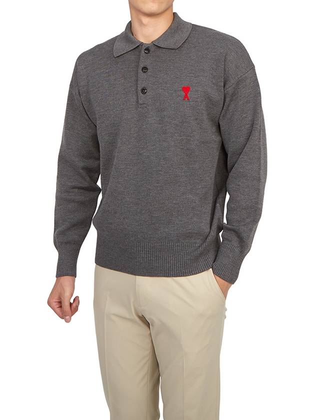 Small Heart Extra Fine Merino Wool Polo Shirt Grey - AMI - BALAAN 6