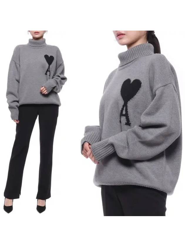 Big Heart Logo Wool Knit Turtleneck Grey - AMI - BALAAN 2