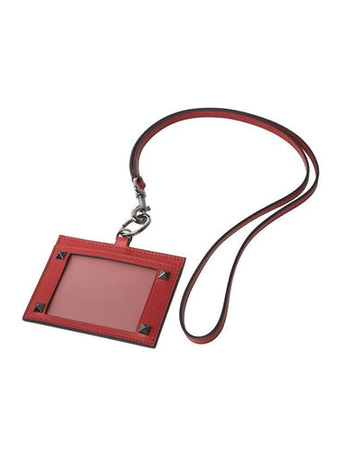 Rockstud Badge Leather Card Wallet Red - VALENTINO - BALAAN 1