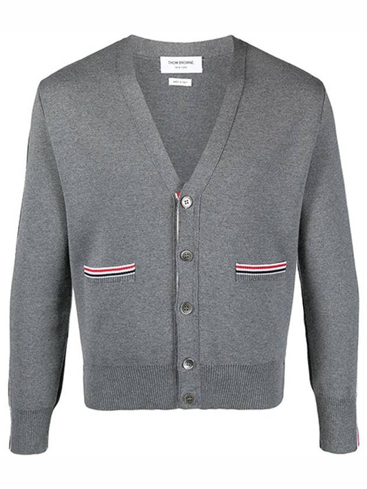 Men's Gray Milanese Stitch Merino Wool V-Neck Cardigan - THOM BROWNE - BALAAN
