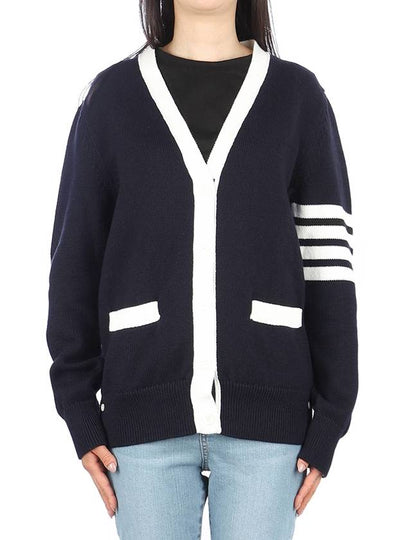 Cotton Jersey Flower 4 Bar V Neck Cardigan Navy - THOM BROWNE - BALAAN 2