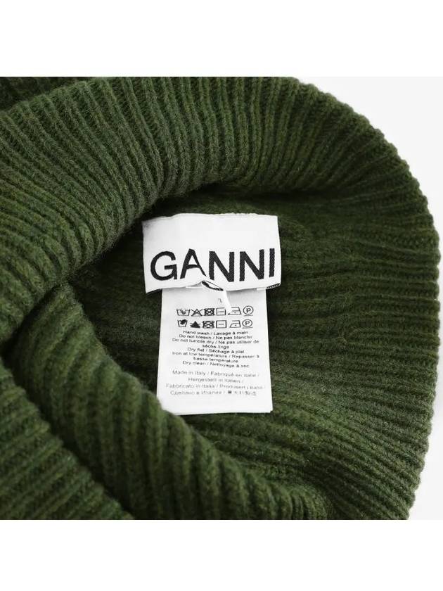 Logo Patch Ribbed Knit Beanie Khaki - GANNI - BALAAN 4