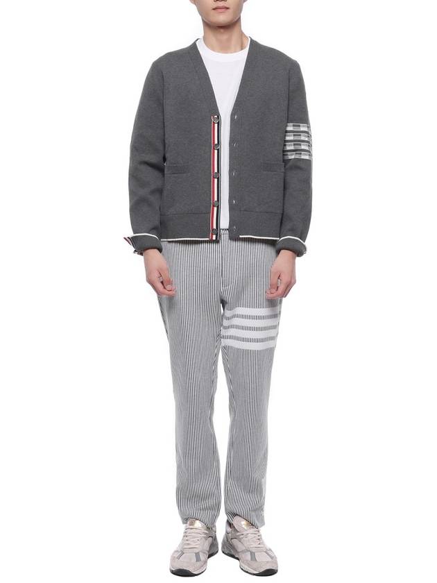 4-Bar V-Neck Hector Jacquard Cotton Cardigan Grey - THOM BROWNE - BALAAN 4