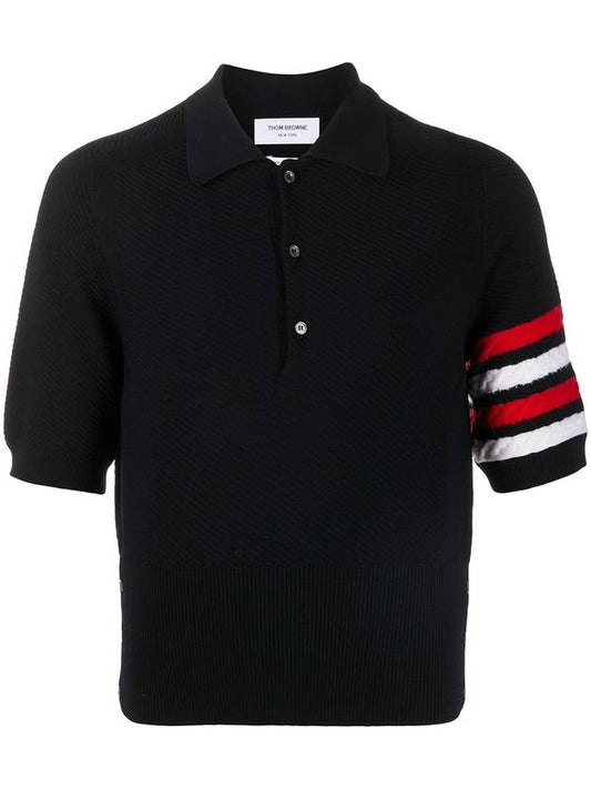 4-Line Short Sleeve Knit Top Blue - THOM BROWNE - BALAAN 1