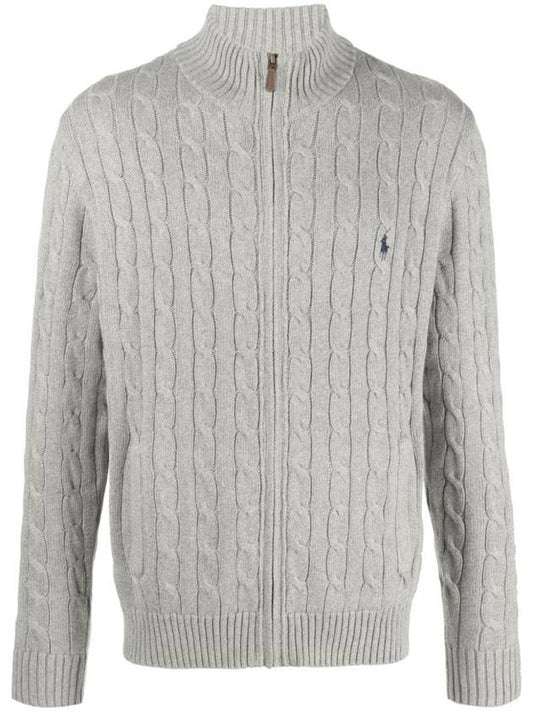 Pony Motif Cable Zipper Knit Cotton Cardigan Grey - POLO RALPH LAUREN - BALAAN 1