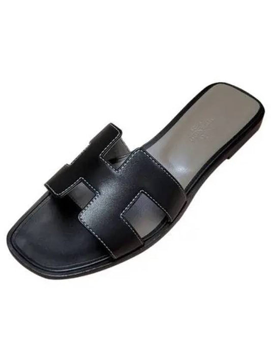 Oran Calfskin Slippers Noir Piqures Ecrues Black - HERMES - BALAAN 2