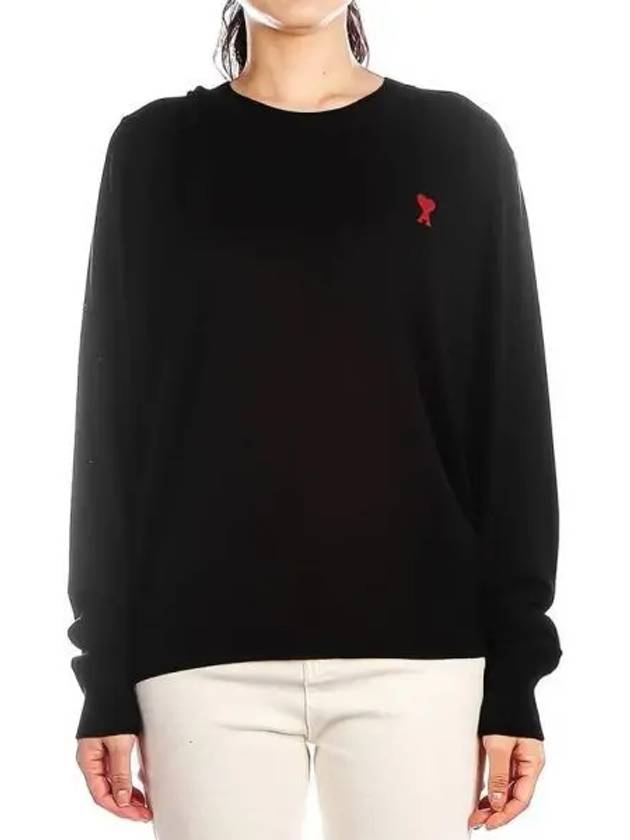 Heart Logo Crew Neck Merino Wool Knit Top Black - AMI - BALAAN 2