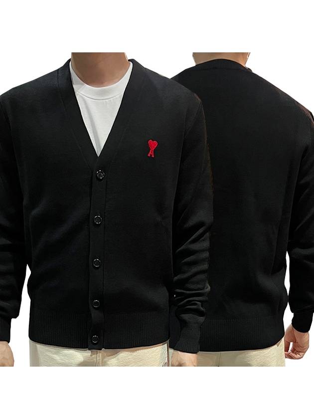 Heart Logo Merino Wool Cardigan Black - AMI - BALAAN 2