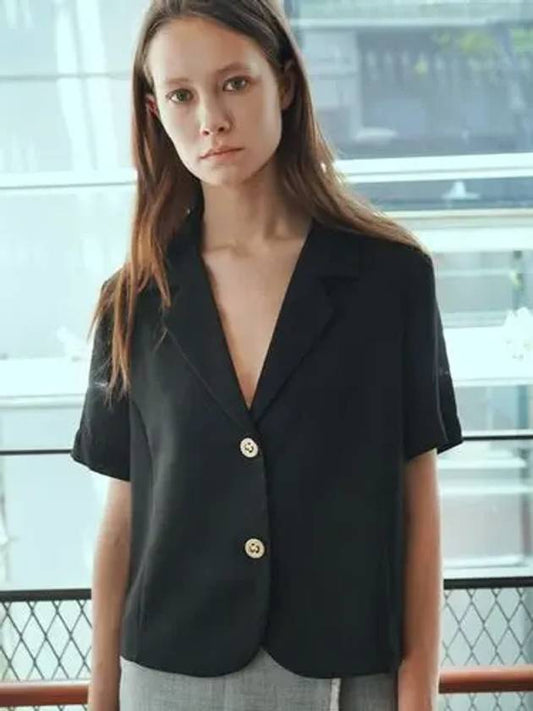 Pearl Linen Crop Black Short Sleeve JacketPearl Crop Black Short Sleeve JK - DAMAGE MNEMONIC - BALAAN 1