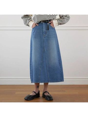 Washed Blue Denim Midi A Line Skirt Blue - NOIRER FOR WOMEN - BALAAN 1