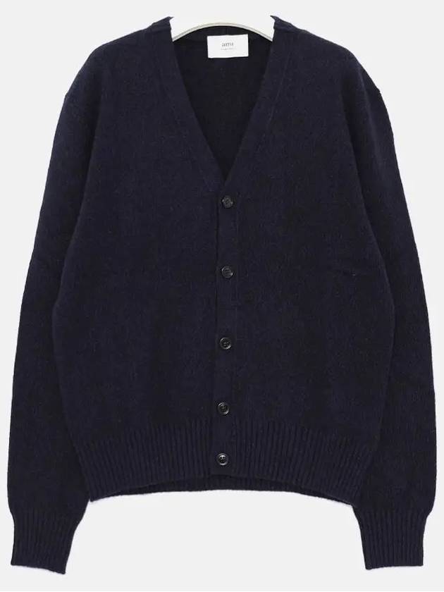 Heart Logo V Neck Cashmere Cardigan Navy - AMI - BALAAN 2