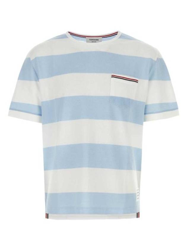 Men's Rugby Striped Pick Pocket Short Sleeve T-Shirt Light Blue White - THOM BROWNE - BALAAN 2