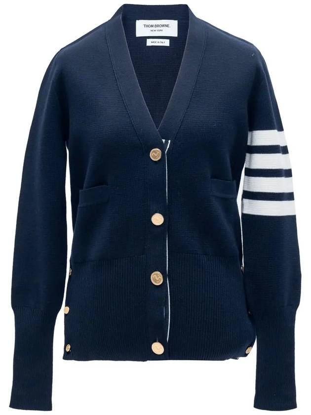 Milano Stitch 4 Bar Classic V Neck Fine Merino Wool Cardigan Navy - THOM BROWNE - BALAAN 3