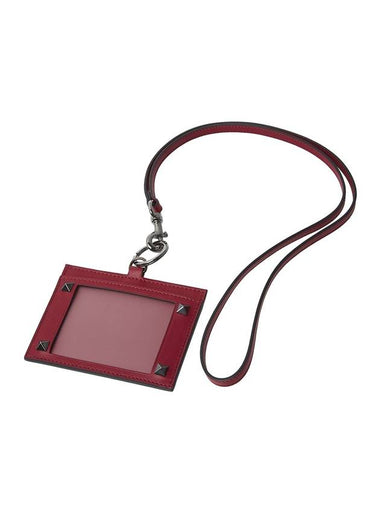 Rockstud Badge Leather Card Wallet Burgundy - VALENTINO - BALAAN 1