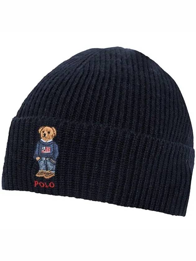 Embroidered Bear Knit Wool Beanie Hunter Navy - POLO RALPH LAUREN - BALAAN 3