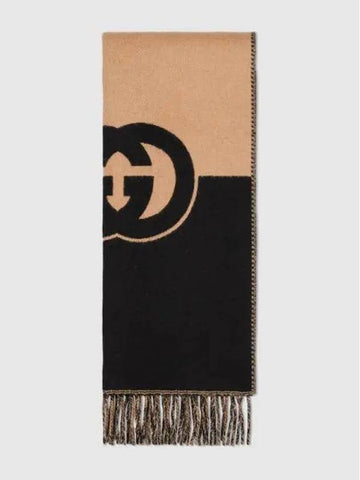 Interlocking G Wool Scarf Beige Black 7154974GAAA1079 - GUCCI - BALAAN 1