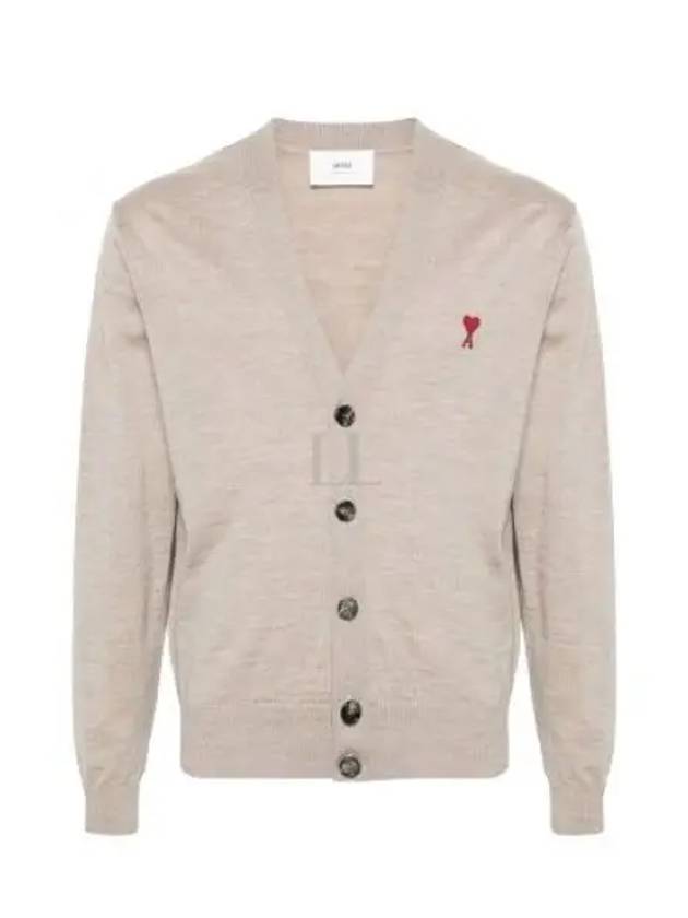 Red Heart Logo Merino Wool Cardigan Beige - AMI - BALAAN 2