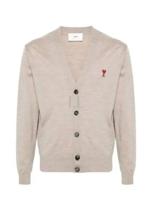 Red Heart Logo Merino Wool Cardigan Beige - AMI - BALAAN 2