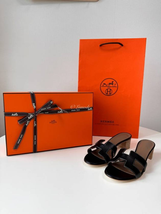 Oasis Calfskin Slipper Heels Noir Piqures Ecrues - HERMES - BALAAN 2