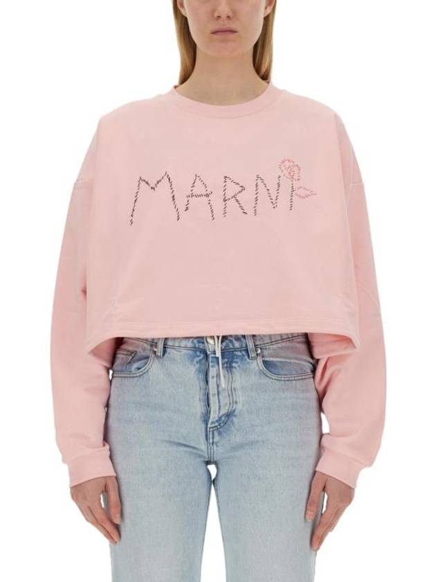 Embroidered Logo Crop Sweatshirt Pink - MARNI - BALAAN 1