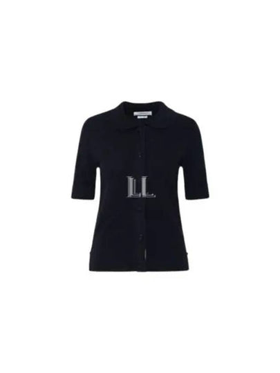 Button Up Merino Wool Short Sleeve Polo Knit Top Navy - THOM BROWNE - BALAAN 2