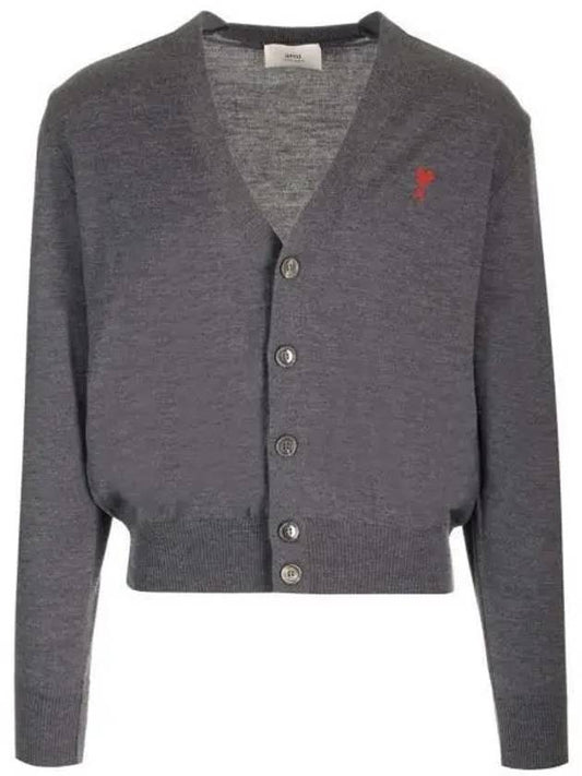 Red Heart Logo Merino Wool Cardigan Heather Grey - AMI - BALAAN 2